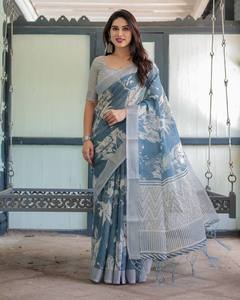 Sari en coton et lin bleu ardoise traditionnel de qualité supérieure, imprimé numérique floral, infroissable, protection solaire, tenue de créateur pour mariages - Product Image 4