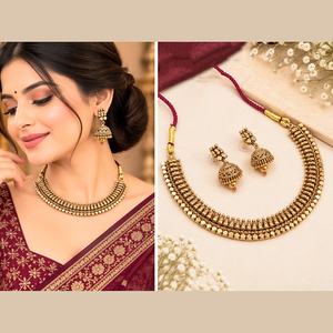 Ensemble collier et boucles d'oreilles plaqué or pour femme JeweleMarket, style ethnique, pour mariage, fiançailles, anniversaire, fête, provenance Maharashtra - Product Image 1