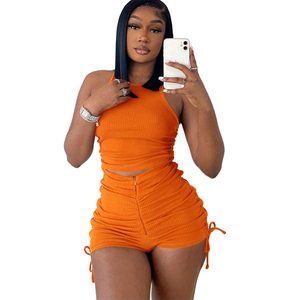 Women's Gray Ribbed 2 Piece <b>Set</b> Halter Top With Zipper Shorts <b>Sexy</b> Club Wear Spring Summer Outfit - Product Image 4
