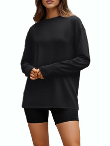 Camiseta de punto de manga larga para mujer, cuello redondo, holgada, transpirable, 100% algodón, estilo oversize - Product Image 1
