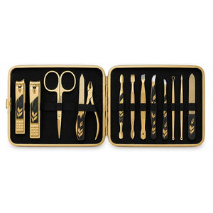 Kit de manucure et pédicure luxueux 10 en 1 en or noir avec étui en cuir floral, coupe-ongles et ciseaux en acier inoxydable - Product Image 3