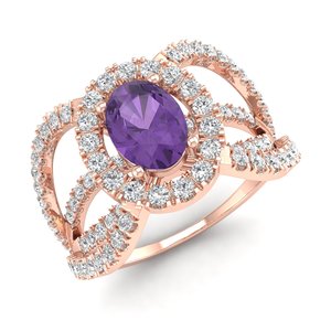 Bague de promesse REYES, dernier design, or massif 14 carats, améthyste ovale 0,75 ct et diamants, pour femme, bijoux personnalisés - Product Image 2