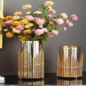Modern minimalist geometric <b>gold</b> cube stands holding <b>small</b> cylinder <b>table</b> vases, available at wholesale prices. - Product Image 6
