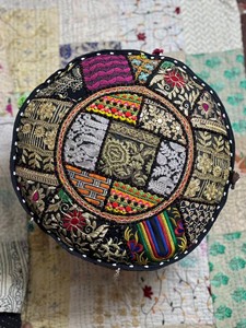 Indian Embroidered Patchwork Cotton Pouf Cover Handmade Round <b>Ottoman</b> Cover - Product Image 2