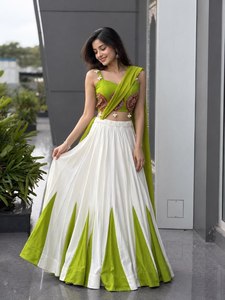 Designer Pure Rayon Fabric With Contrast Panel Design Adorned With Gota Patti Lace And Pearls & <b>Shell</b> Tassels Nvaratri Lehenga - Product Image 4
