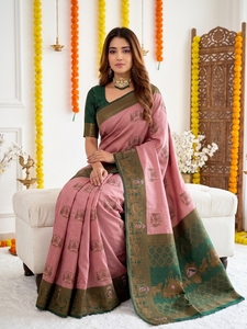 Sari de Seda Rosa y Verde AARA Fashion con Estampado Tradicional, Protección Solar para Mujer, Ropa de Boda, Corte Regular, Largo hasta el Suelo, India - Product Image 3