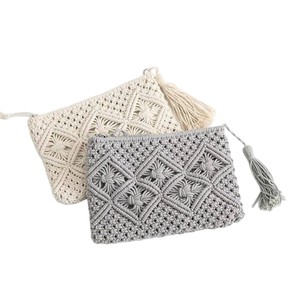 Wholesale Vintage <b>Light</b> Weight Handmade Cotton <b>Rope</b> Stylish Women Handbags Single Shoulder Tassels Crochet Macrame Bag - Product Image 6