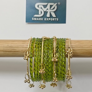 Premium Olive Green Kashmiri Glass <b>Bangles</b> Set 16-Piece Gold Ghungroo Charms Handmade Traditional <b>Indian</b> Bridal Ethnic Jewelry - Product Image 1
