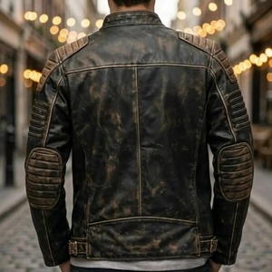 Mens Distressed Black <b>Vintage</b> Quilted Motorcycle Cafe <b>Racer</b> Leather <b>Jacket</b> - Product Image 2