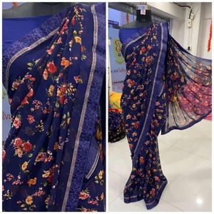 DISEÑADOR GEORGETTE ESTAMPADO SAREE CON BLUSA SIN COSTAR AZUL MARINO - Product Image 1