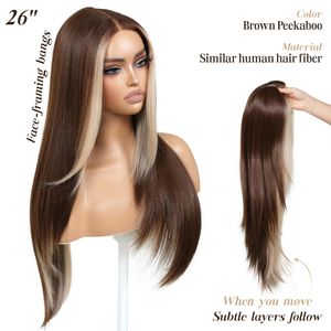 Parrucca marrone senza colla da donna con frangia e ciocche, pre-tagliata, sintetica, con frontale in pizzo, pre-piumata, design Peekaboo, effetto capelli umani - Product Image 4