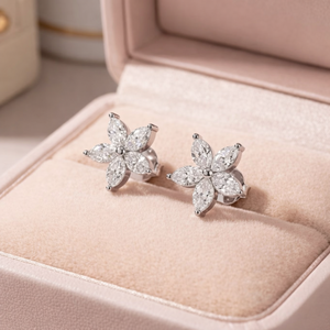 Pendientes de tuerca con diez diamantes marquesa, elegantes para bodas, fiestas o uso diario, de plata de ley 925, con forma de flor, hipoalergénicos y brillantes. - Product Image 2