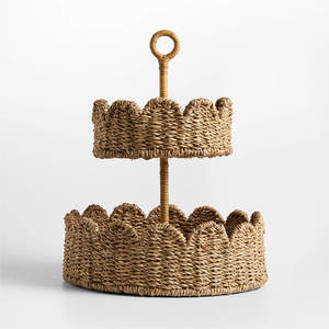 Handmade Seagrass 2 Tier Fruit <b>Basket</b> Stand <b>Wicker</b> Serving Tray With Scallop For Kitchen Countertop Party Display Storage Decor - Product Image 6