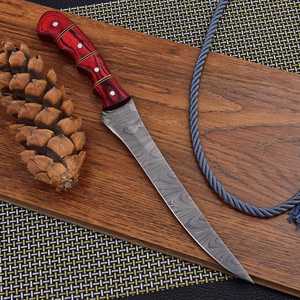 Cuchillo de Filetear de Acero de Damasco Forjado a Mano Personalizado |   Cuchillo de Caza con Mango de Madera Personalizado con Pernos de Latón y Funda de Cuero - Product Image 5
