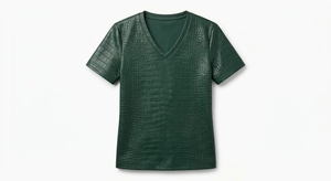 T-shirt décontracté vert à col en V et manches courtes pour femme, effet cuir motif crocodile - Product Image 3