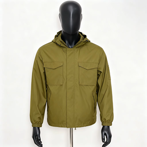 Chaqueta Cortavientos con Capucha para Hombre, Color Verde Oliva, Corte Regular, Estilo Casual, Color Sólido, Múltiples Bolsillos, Tejido de Poliéster, Estilo Otoñal - Product Image 1