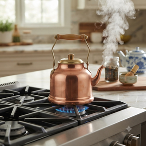 Bouilloire à thé en cuivre pur au design classique et épuré, compatible avec les plaques de cuisson, avec poignée ergonomique en bois, vente en gros pour articles de cuisine - Product Image 3