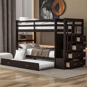 Letto a Castello Espresso Twin Over Twin con Letto Estraibile e Scala per Bambini-LT000068AAP - Product Image 1