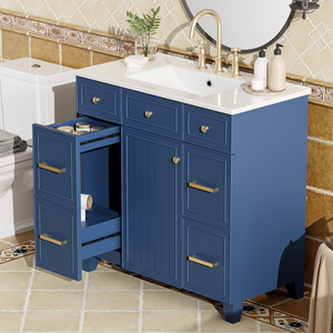 36 pollici blu struttura in legno massello bagno lavello lavello in ceramica Soft Close porte regolabili 3 cassetti asciugacapelli a doppia profondità - Product Image 1