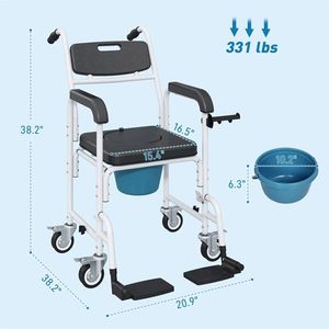 Black Manual Wheelchair for Seniors Bedside <b>Commode</b> <b>Chair</b> with Shower Features - Product Image 4