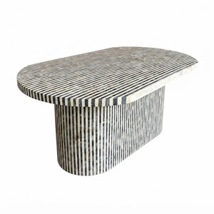 Luxury Handcrafted Bone Inlay <b>Coffee</b> <b>Table</b> Modern Black White Striped Pattern <b>Oval</b> Center <b>Table</b> for Living Room Furniture - Product Image 1