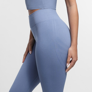 Leggings de sport pour femmes, taille haute, longueur intégrale, sans couture, tricotés, bleu uni, extensibles, respirants, compressifs - Product Image 6