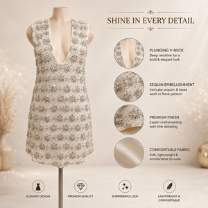 Luxury Champagne Beaded Cocktail Dress for Women | Deep V Neck Sleeveless Mini Party Dress Crystal Embellished Designer Dress - Product Image 5