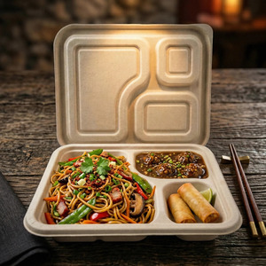 Barquette alimentaire jetable 3 compartiments en pulpe moulée la plus demandée avec couvercle, emballage alimentaire écologique en pulpe naturelle pour la restauration à emporter - Product Image 4