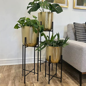 <b>Set</b> Of 2 Gold Planters With Black Stand Base Ideal For Living Room Side <b>Corner</b> Entrance Lobby And Restaurant Decor From India - Product Image 1