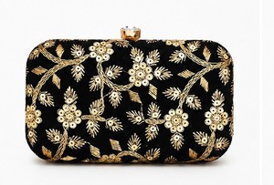 Elegant Black Velvet Clutch With Gold Floral Embroidery Magnetic Closure Women's Party Wedding Handbag - Product Image 2