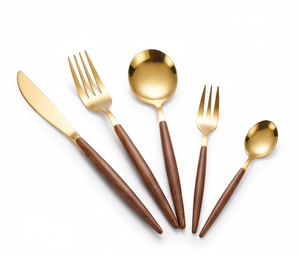 Cutlery Set In Stainless Steel With Elegant Gold Color And Wooden Handle Perfect <b>Flatware</b> Kitchenware Wedding And Dinnerware Use - Product Image 1