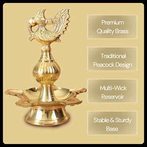 Lampe Diya en laiton, support de lampe traditionnel en forme de paon, lampe de prière décorative pour la maison, support de lampe à huile Diya - Product Image 3