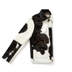 Blouson Trucker Unisexe Noir et Blanc à Imprimé Vache en Fausse Fourrure Effet Peau de Bovin, 4 Poches, Boutonné, Vêtement d'Extérieur Tendance Hiver, Personnalisable OEM - Product Image 4