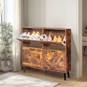 Scarpiera Monofacciale con 4 Cassetti Ribaltabili in Metallo Nero e Legno Massello, Design a Porta Scorrevole in Plastica Nera - Product Image 2