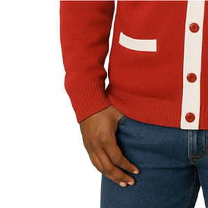 Men's Red V-Neck <b>Cardigan</b> <b>Sweater</b> with White Trim and Button Closure Full Sleeve Thick Winter Wool Blend - Product Image 6