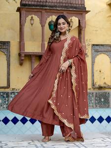 Ensemble prêt-à-porter Anarkali marron avec dupatta Gota Patti festonné, salwar, kurta et pantalon, robe longue - Product Image 2