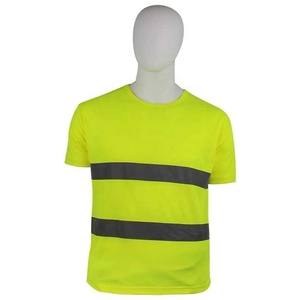Men's High Visibility Reflective <b>Work</b> T-Shirt Short Sleeve Yellow with Two <b>Black</b> Stripes Polyester Material - Product Image 1