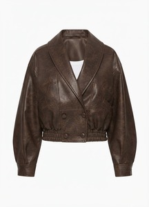 <b>Brown</b> Genuine <b>Leather</b> Moto <b>Jacket</b> <b>Women</b> Oversized Cropped Biker Outerwear Turn-down Collar for Autumn - Product Image 5
