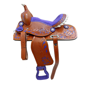 Floral & Basket Hand Tooled Brown Leather Western Barrel Horse Saddle Purple Suede Seat 10" To 18" Inch LLT - Product Image 1