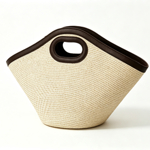 Customized Cut‑out handle <b>straw</b> tote <b>bag</b>, trapezoidal woven <b>straw</b> handbag, faux leather trim <b>straw</b> shopper - Product Image 4
