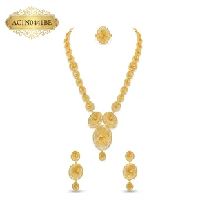 African Spiral Design Gold Plated Brass Flower Box Chain <b>Statement</b> <b>Necklace</b> Set for Women Party Jewelry - Product Image 2