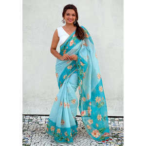 Sari traditionnel d'hiver en soie Chanderi bleu ciel, imprimé Pichwai, avec bordure tissée Zari, vêtements indiens et pakistanais - Product Image 4
