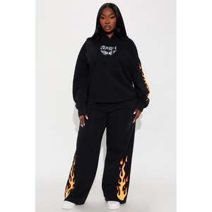 Ensemble sweat à capuche et pantalon de survêtement personnalisé avec imprimé flamme pour femme, style streetwear oversize, deux pièces, fournisseur en gros - Product Image 1