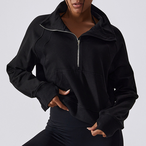 Women's Sportswear Athletic <b>Gym</b> Workout <b>Top</b> Custom <b>Black</b> Quarter-Zip Cropped Hoodies Pullover <b>Long</b> <b>Sleeve</b> Embroidered OEM Patch - Product Image 3