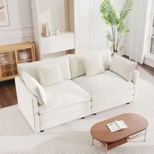 Divano Moderno a Due Posti in Tessuto Ciniglia Bianco per Soggiorno, Grande Dimensione, 2 Posti Profondi, 4 Cuscini, Imbottito, 4 Posti 4 Cuscini - Product Image 2
