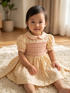 Robe pour filles, personnalisée, géométrique, ODM OEM, en coton bouffant jaune, élégante, prix d'usine, broderie smockée à la main, respirante, mignonne - Product Image 4