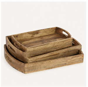 Juego de 3 bandejas de servir apilables de madera de mango rústica hechas a mano, ecológicas, rectangulares, con asas recortadas. - Product Image 3