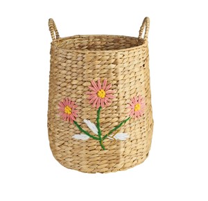 Cesta de Jacinto de Agua Bordada con Flores y Asas, Caja de Almacenamiento Decorativa Tejida, Contenedor de Juguetes para Niños, Estilo Boho - Product Image 1