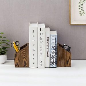 Juego de 2 sujetalibros de madera maciza de lujo, soporte decorativo para libros, sujetalibros para estanterías, escritorio de oficina, biblioteca del hogar, organizador de libros de madera rústica - Product Image 6