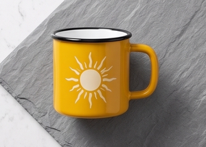 Sunny Golden Metal Camp <b>Cup</b> Manufactured from Heavy Duty Enamelware Featuring Glowing Celestial Sun Graphic Art - Product Image 3